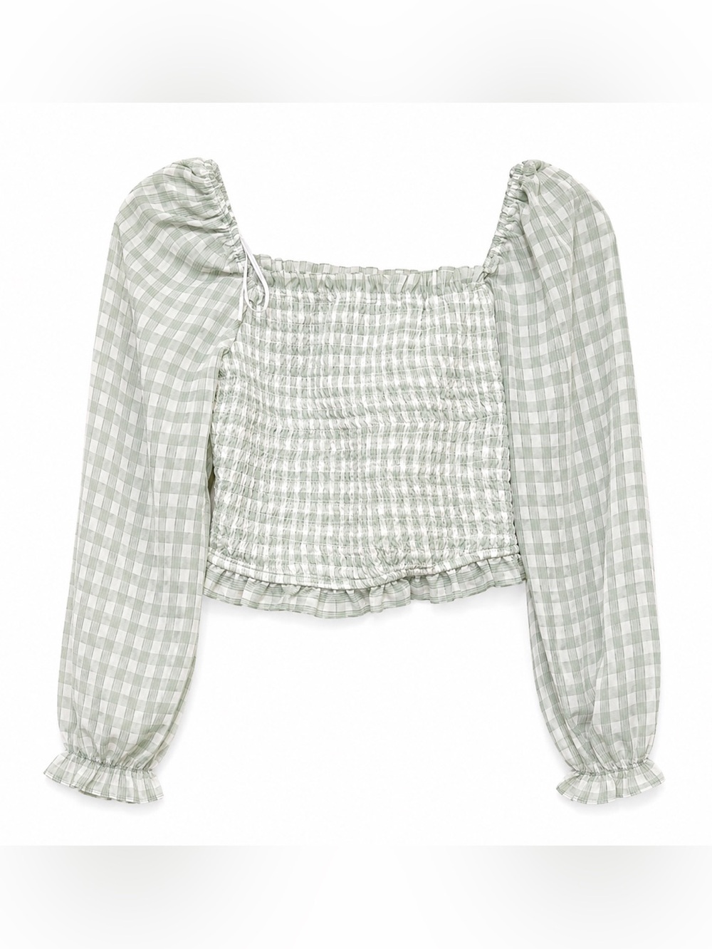 Sage Green Gingham Smocked Crop Top S | Japna Puff Sleeve Square Neck Cottagecor